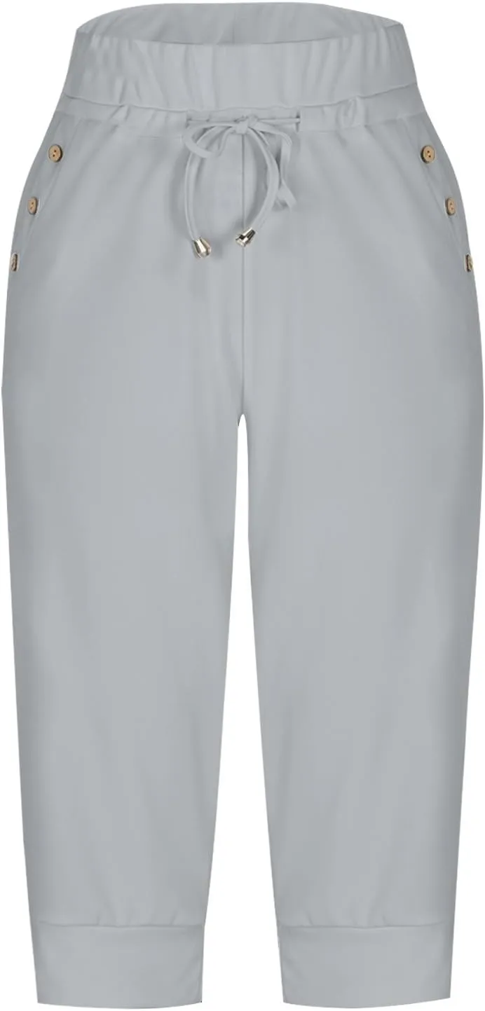 Womens Capri Pants Drawstring High Waisted Lightweight Workout Joggers Loose Stretch Yoga Hiking Pants with Pockets