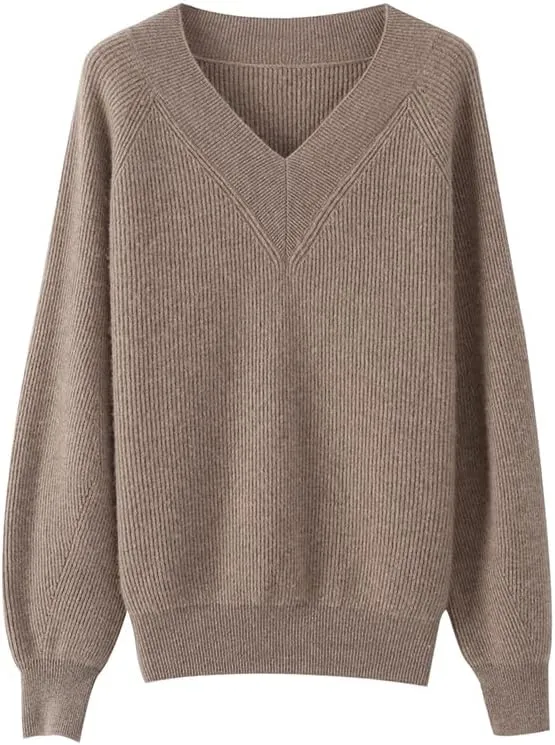 Women's Cashmere and Merino Wool Blend V Neck Sweater Lightweight Knit Sweater