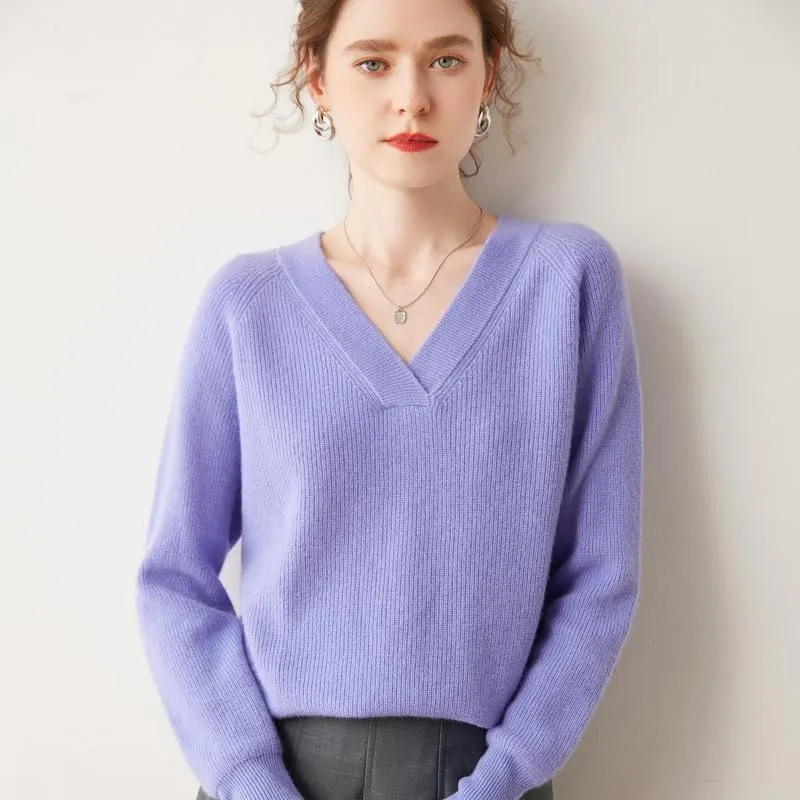 Women's Cashmere and Merino Wool Blend V Neck Sweater Lightweight Knit Sweater