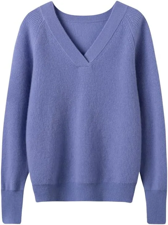 Women's Cashmere and Merino Wool Blend V Neck Sweater Lightweight Knit Sweater