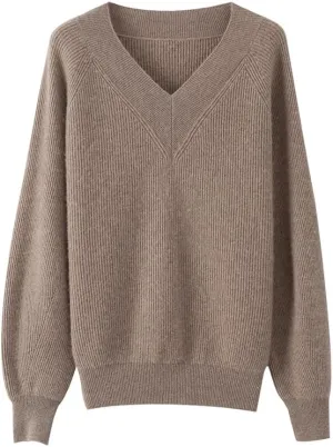 Women's Cashmere and Merino Wool Blend V Neck Sweater Lightweight Knit Sweater
