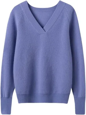 Women's Cashmere and Merino Wool Blend V Neck Sweater Lightweight Knit Sweater
