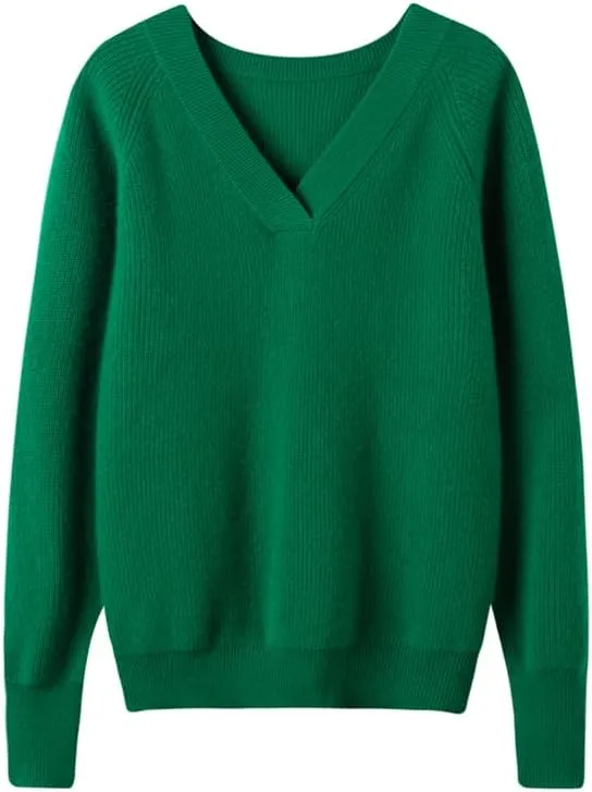 Women's Cashmere and Merino Wool Blend V Neck Sweater Lightweight Knit Sweater