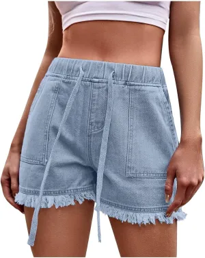 Womens Casual Jean Shorts Dressy Elastic Drawstring High Waisted Jean Shorts Ladies Cute Tassel Outside Wear Shorts