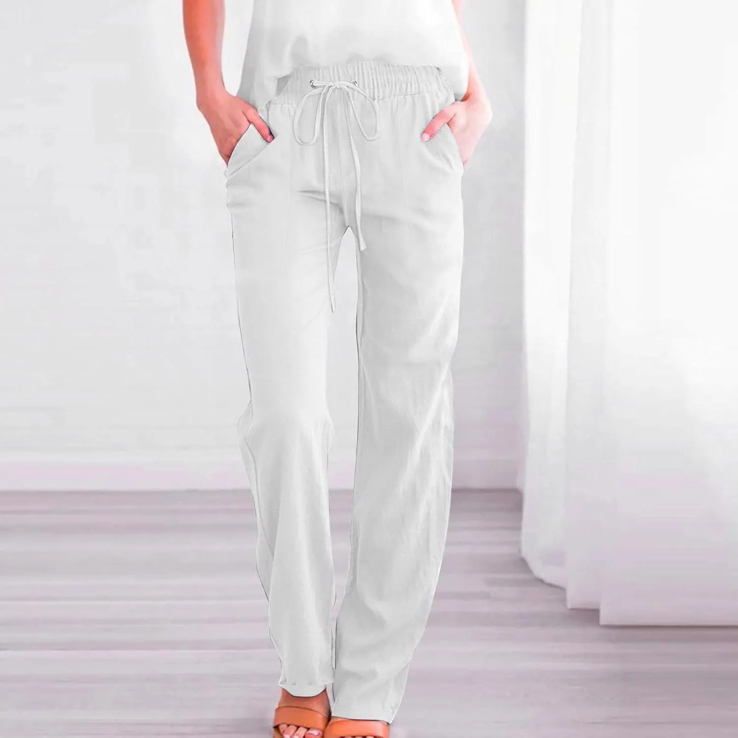 Womens Casual Linen High Waist Pants Drawstring Elastic Loose Fit Summer Pants Plus Size Trousers with Side Pockets