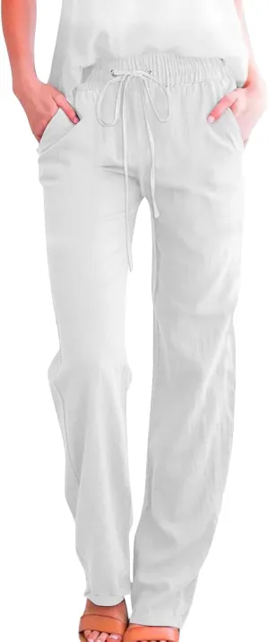 Womens Casual Linen High Waist Pants Drawstring Elastic Loose Fit Summer Pants Plus Size Trousers with Side Pockets