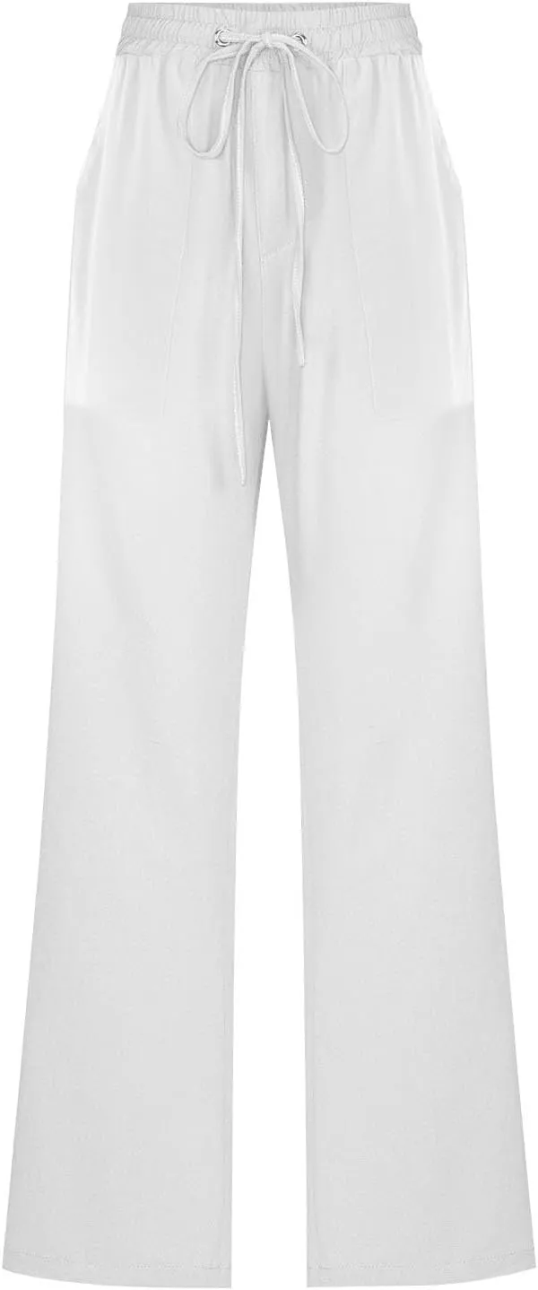 Womens Casual Linen High Waist Pants Drawstring Elastic Loose Fit Summer Pants Plus Size Trousers with Side Pockets