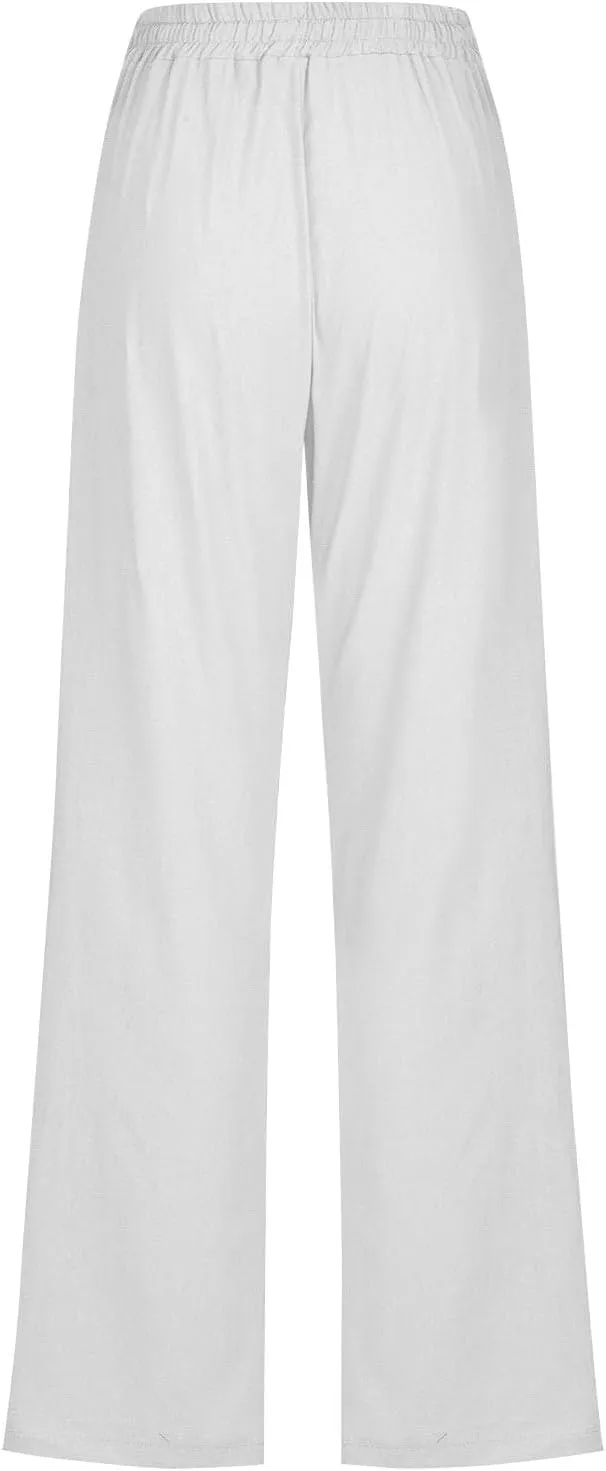 Womens Casual Linen High Waist Pants Drawstring Elastic Loose Fit Summer Pants Plus Size Trousers with Side Pockets