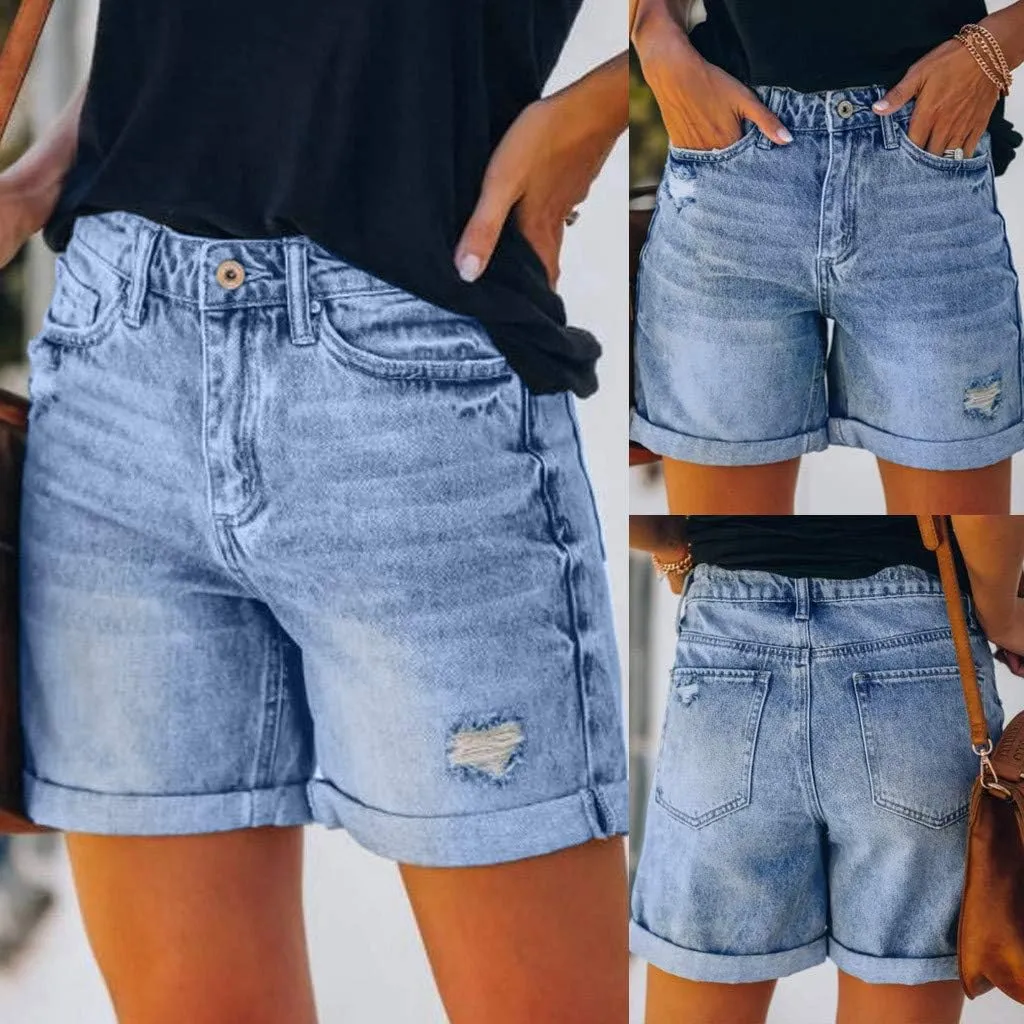 Womens Casual Ripped Denim Shorts High Waisted Distressed Rolled Hem Jeans Shorts Summer Loose Fit Hot Short