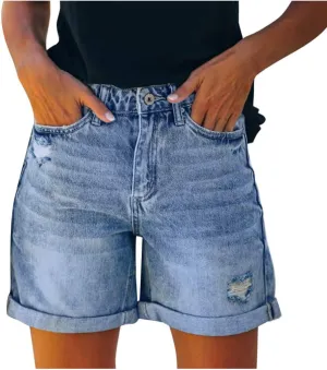 Womens Casual Ripped Denim Shorts High Waisted Distressed Rolled Hem Jeans Shorts Summer Loose Fit Hot Short