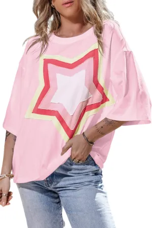 Women's Casual T-Shirt Short Sleeve Crewneck Basic Tee Tops 2025 Trendy Star Graphic Loose Fit Oversized Pullover Blouse Tops