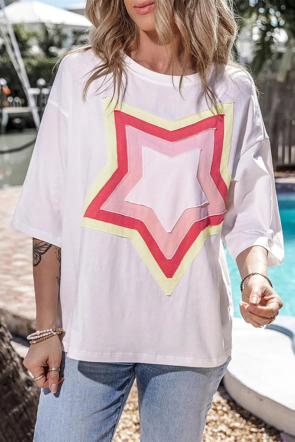Women's Casual T-Shirt Short Sleeve Crewneck Basic Tee Tops 2025 Trendy Star Graphic Loose Fit Oversized Pullover Blouse Tops