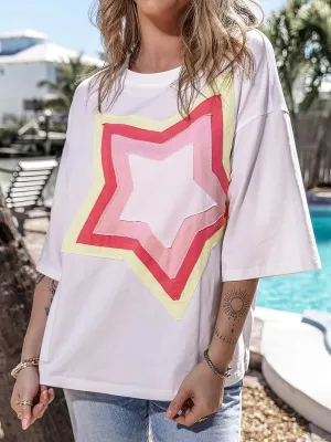 Women's Casual T-Shirt Short Sleeve Crewneck Basic Tee Tops 2025 Trendy Star Graphic Loose Fit Oversized Pullover Blouse Tops