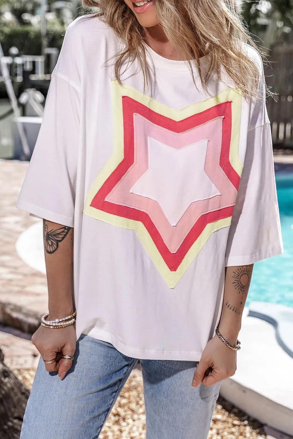 Women's Casual T-Shirt Short Sleeve Crewneck Basic Tee Tops 2025 Trendy Star Graphic Loose Fit Oversized Pullover Blouse Tops