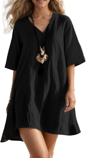 Women's Cotton Linen Short Dresses Summer V Neck Short Sleeve A Line Solid Casual Loose Beach Sundress T Shirt Dress