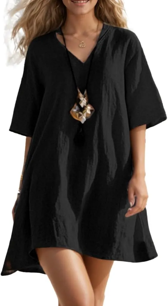 Women's Cotton Linen Short Dresses Summer V Neck Short Sleeve A Line Solid Casual Loose Beach Sundress T Shirt Dress