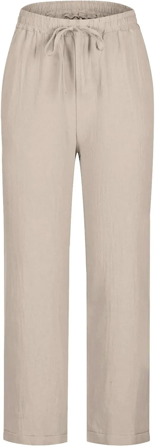 Womens Cotton Linen Straight Leg Pants Elastic Drawstring Casual Trousers with Pockets Summer Beach Loose Lounge Pant