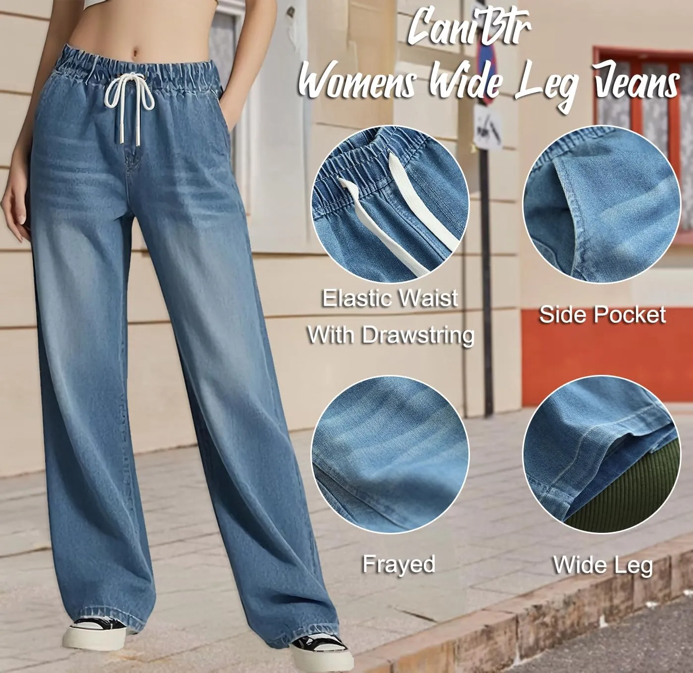 Women's Drawstring Wide Leg Jeans High Elastic Waisted Stretch Frayed Loose Fit Trouser Jeans Denim Pants