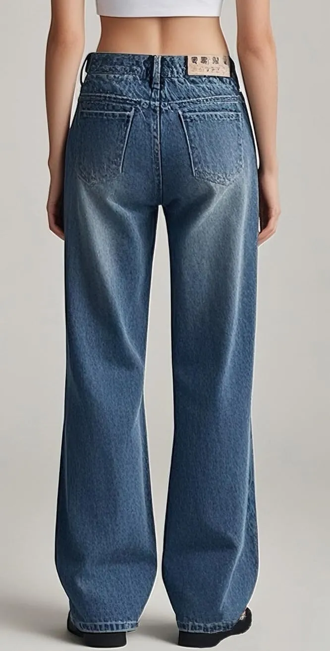 Women's Drawstring Wide Leg Jeans High Elastic Waisted Stretch Frayed Loose Fit Trouser Jeans Denim Pants