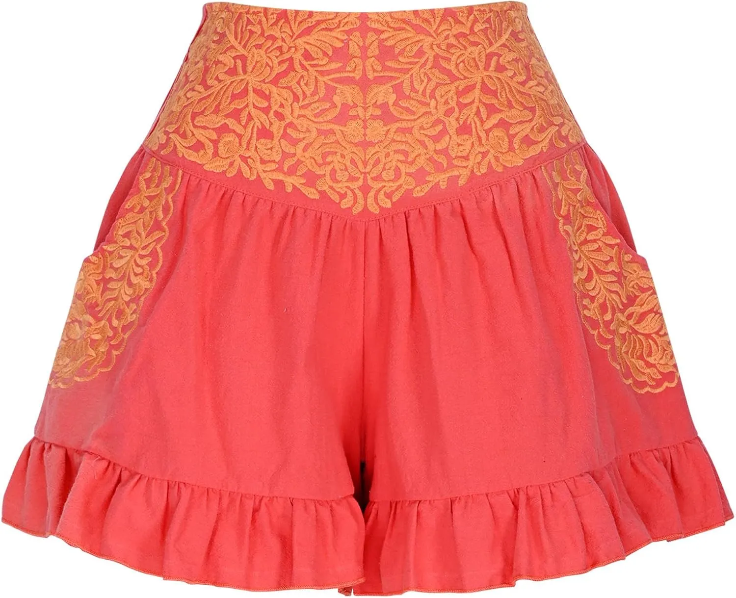 Women's Fashion Ruffle Hem Embroidery Shorts, Ruched Mid Waist Lightweight Casual Clothes Athletic Workout Shorts