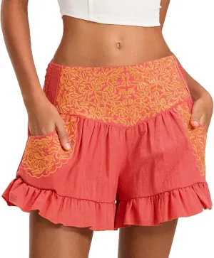 Women's Fashion Ruffle Hem Embroidery Shorts, Ruched Mid Waist Lightweight Casual Clothes Athletic Workout Shorts