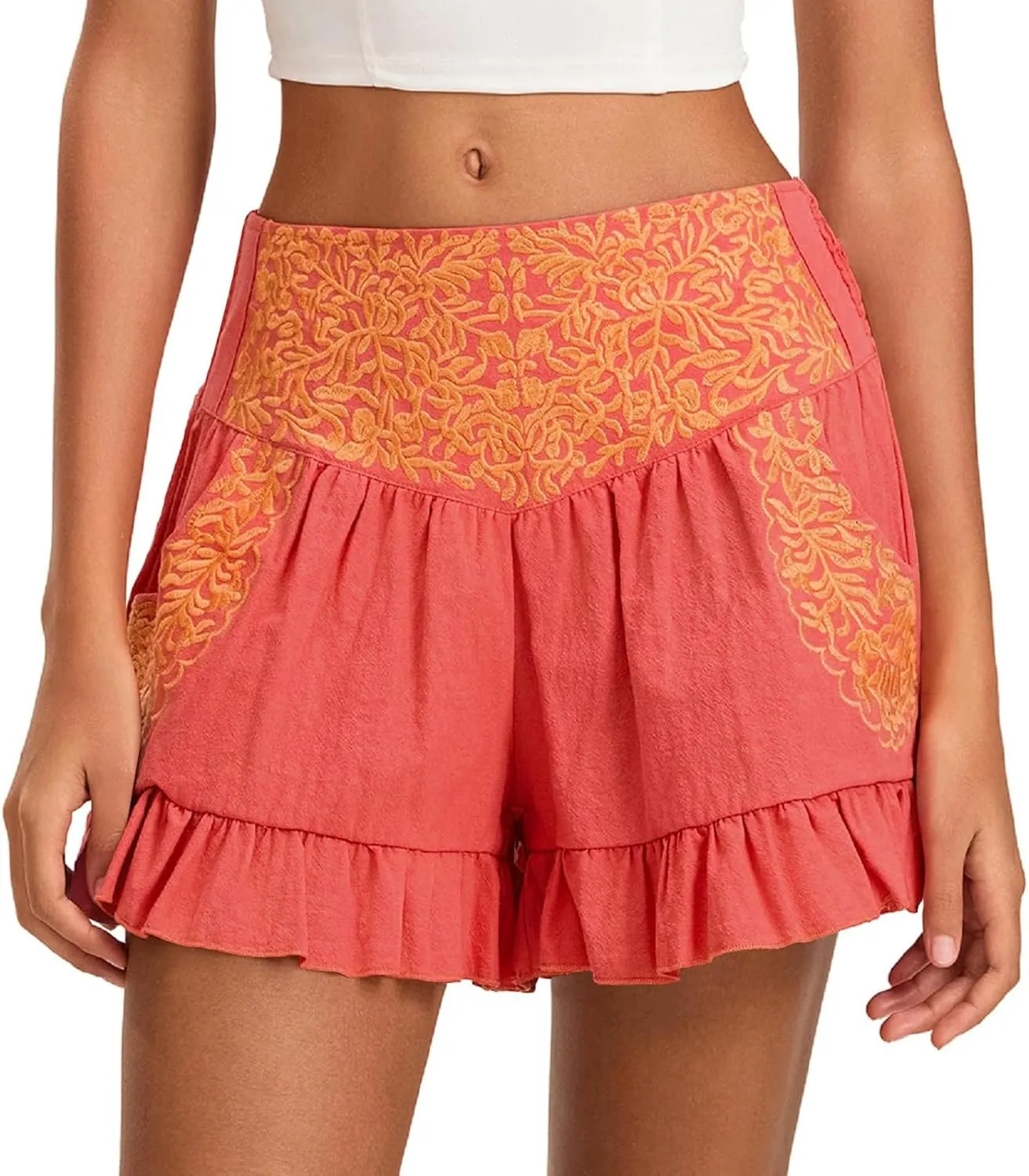 Women's Fashion Ruffle Hem Embroidery Shorts, Ruched Mid Waist Lightweight Casual Clothes Athletic Workout Shorts