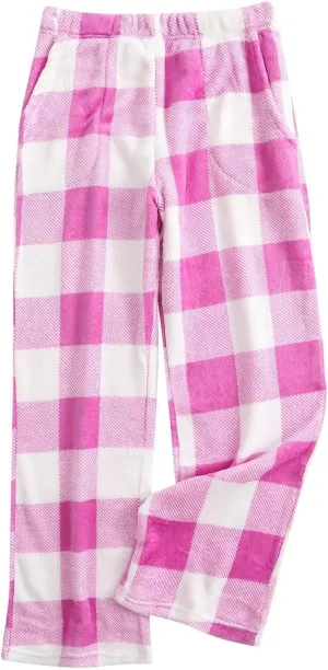 Womens Flannel Pajama Pants Plaid Comfy Lounge Pants Fuzzy Fleece Sleep Bottoms with Pockets