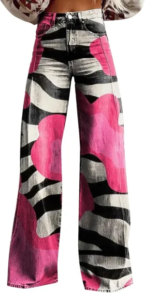 Womens Flare Jeans Wide Leg Pant Vintage Floral Printed High Waisted Straight Stretch Pants Colorful Trouser Jeans