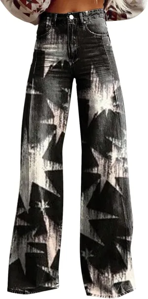 Womens Flare Jeans Wide Leg Pant Vintage Floral Printed High Waisted Straight Stretch Pants Colorful Trouser Jeans
