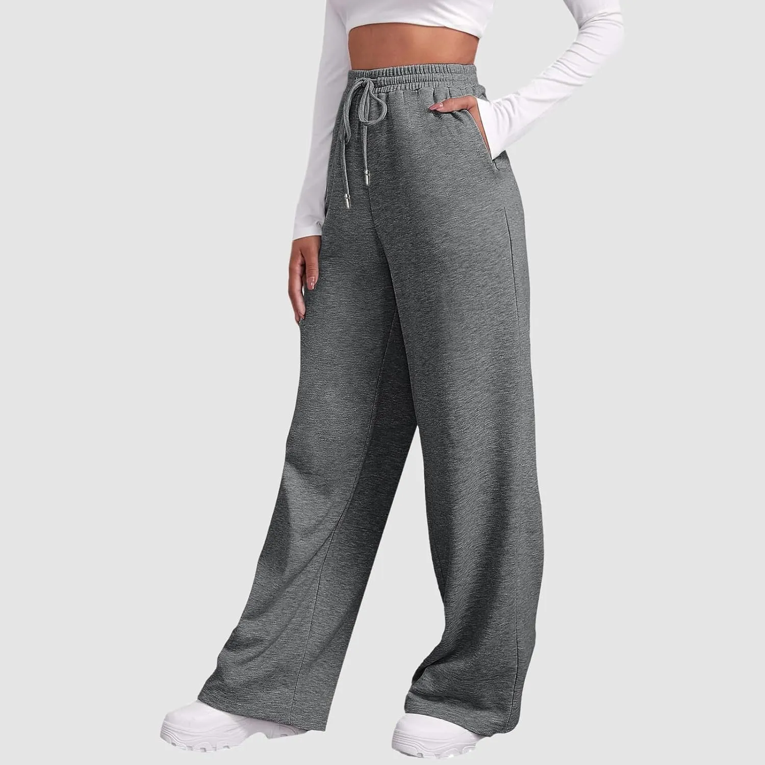 Womens Fleece Lined Sweatpants Baggy Wide Straight Leg Joggers Pants Drawstring High Waisted Workout Yoga Pants with Pockets