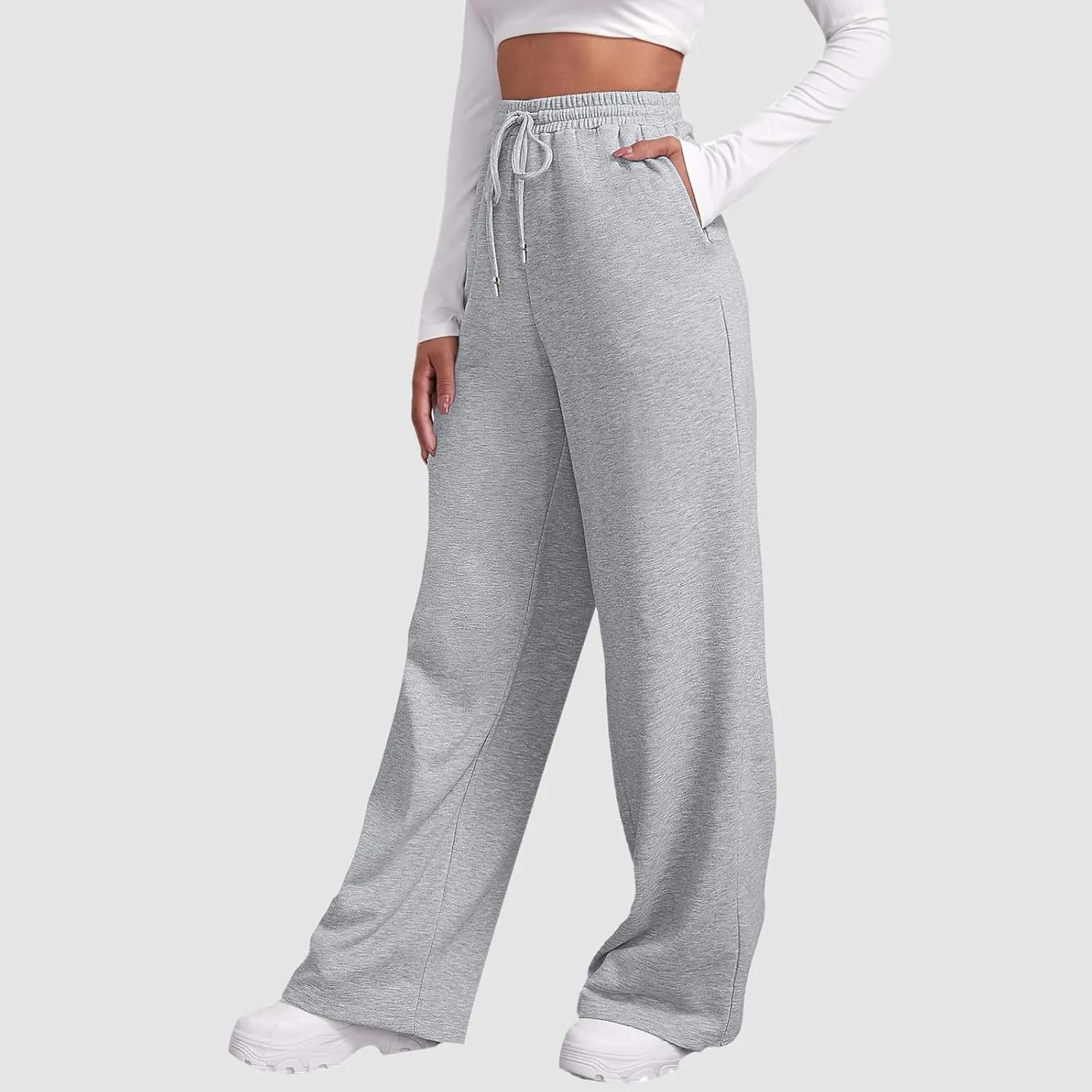 Womens Fleece Lined Sweatpants Baggy Wide Straight Leg Joggers Pants Drawstring High Waisted Workout Yoga Pants with Pockets