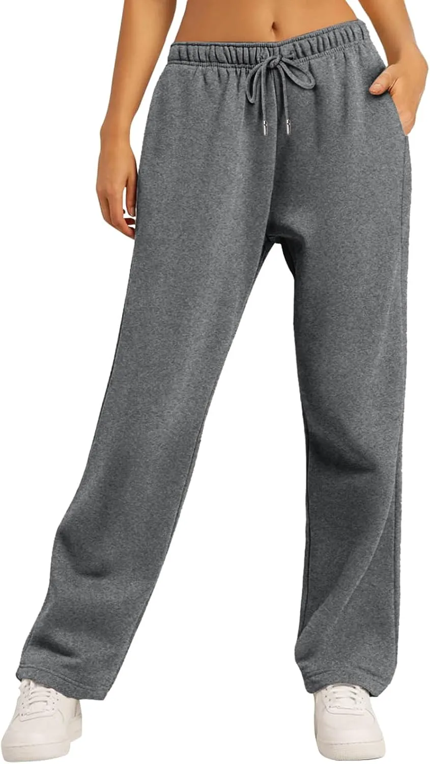 Womens Fleece Lined Sweatpants Baggy Wide Straight Leg Joggers Pants Drawstring High Waisted Workout Yoga Pants with Pockets