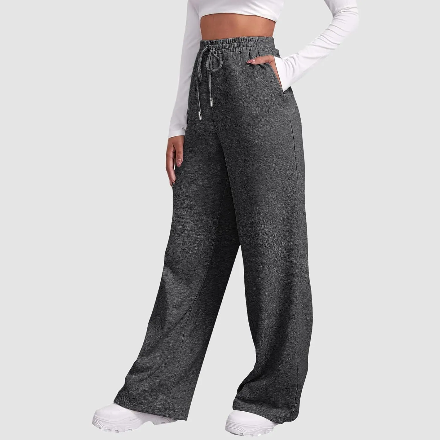 Womens Fleece Lined Sweatpants Baggy Wide Straight Leg Joggers Pants Drawstring High Waisted Workout Yoga Pants with Pockets