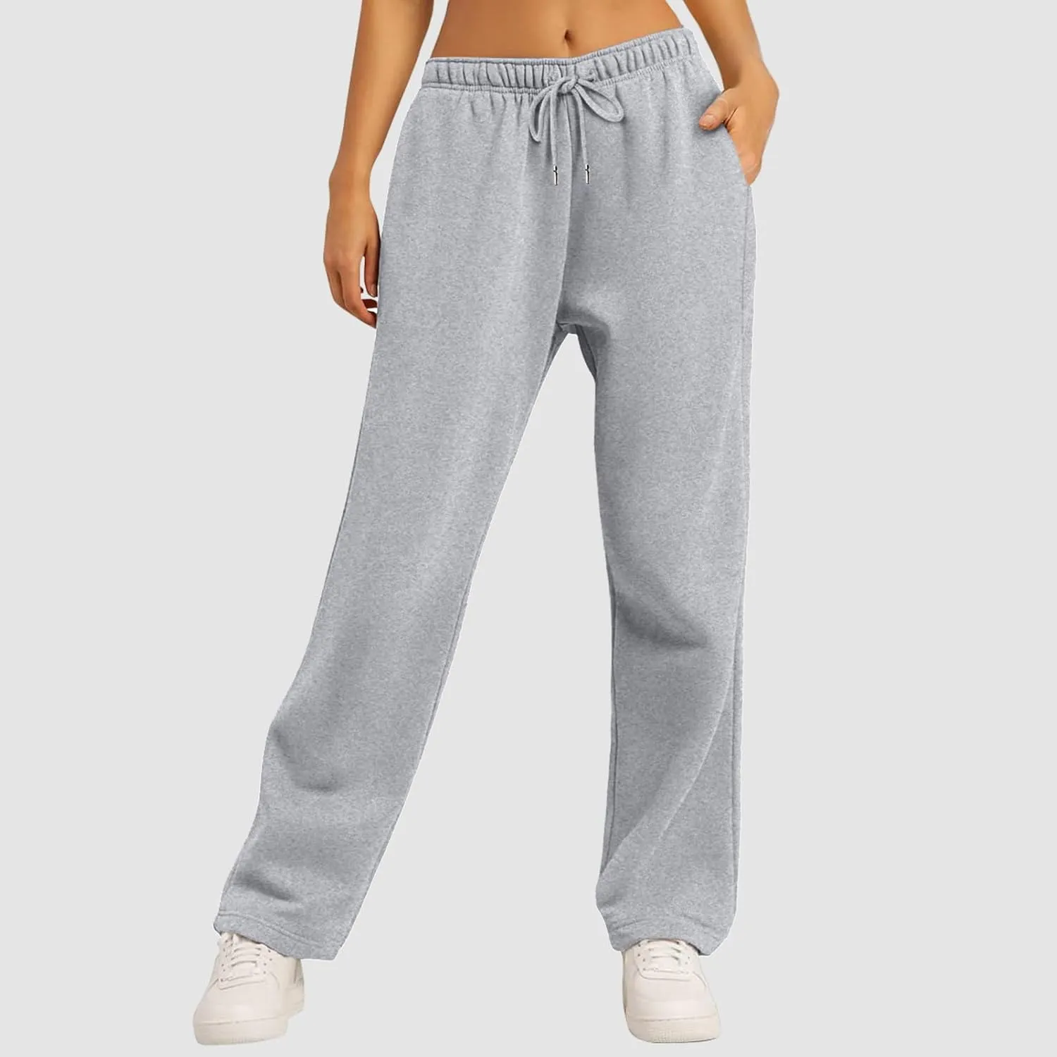 Womens Fleece Lined Sweatpants Baggy Wide Straight Leg Joggers Pants Drawstring High Waisted Workout Yoga Pants with Pockets