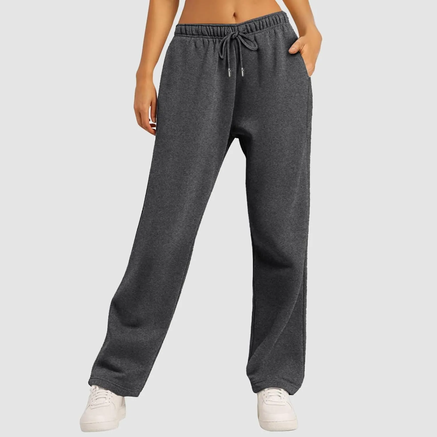 Womens Fleece Lined Sweatpants Baggy Wide Straight Leg Joggers Pants Drawstring High Waisted Workout Yoga Pants with Pockets