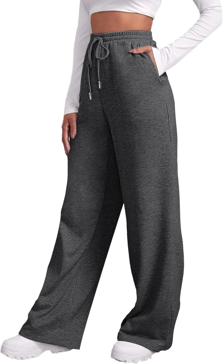 Womens Fleece Lined Sweatpants Baggy Wide Straight Leg Joggers Pants Drawstring High Waisted Workout Yoga Pants with Pockets