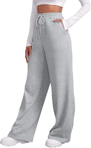 Womens Fleece Lined Sweatpants Baggy Wide Straight Leg Joggers Pants Drawstring High Waisted Workout Yoga Pants with Pockets