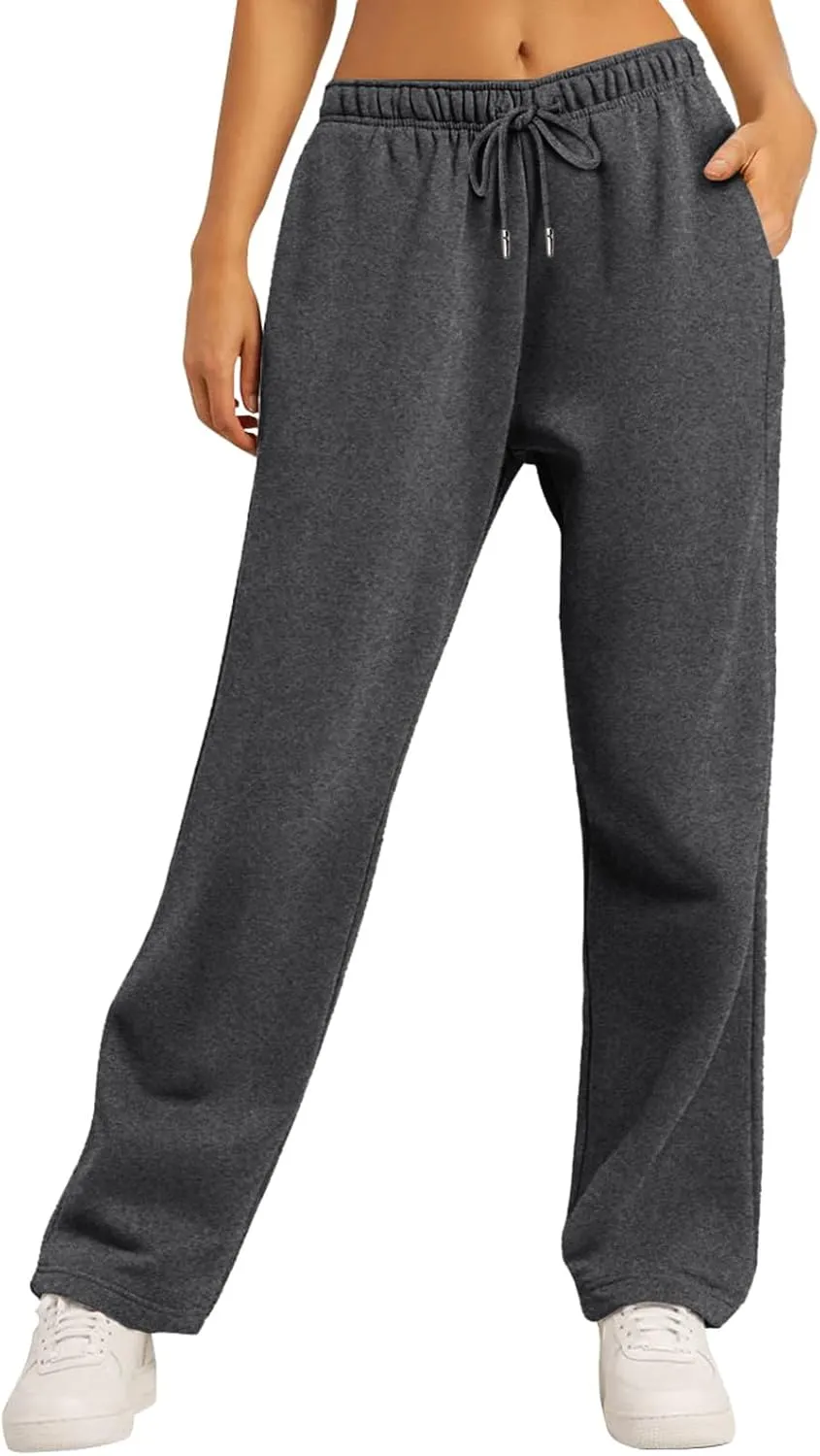 Womens Fleece Lined Sweatpants Baggy Wide Straight Leg Joggers Pants Drawstring High Waisted Workout Yoga Pants with Pockets