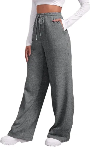Womens Fleece Lined Sweatpants Baggy Wide Straight Leg Joggers Pants Drawstring High Waisted Workout Yoga Pants with Pockets