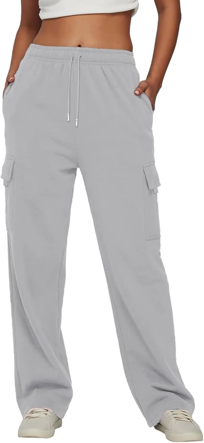 Womens Fleece Lined Sweatpants Ladies Solid Color Drawstring Elastic Waist Casual Loose Foot Fleece Sweatpants High