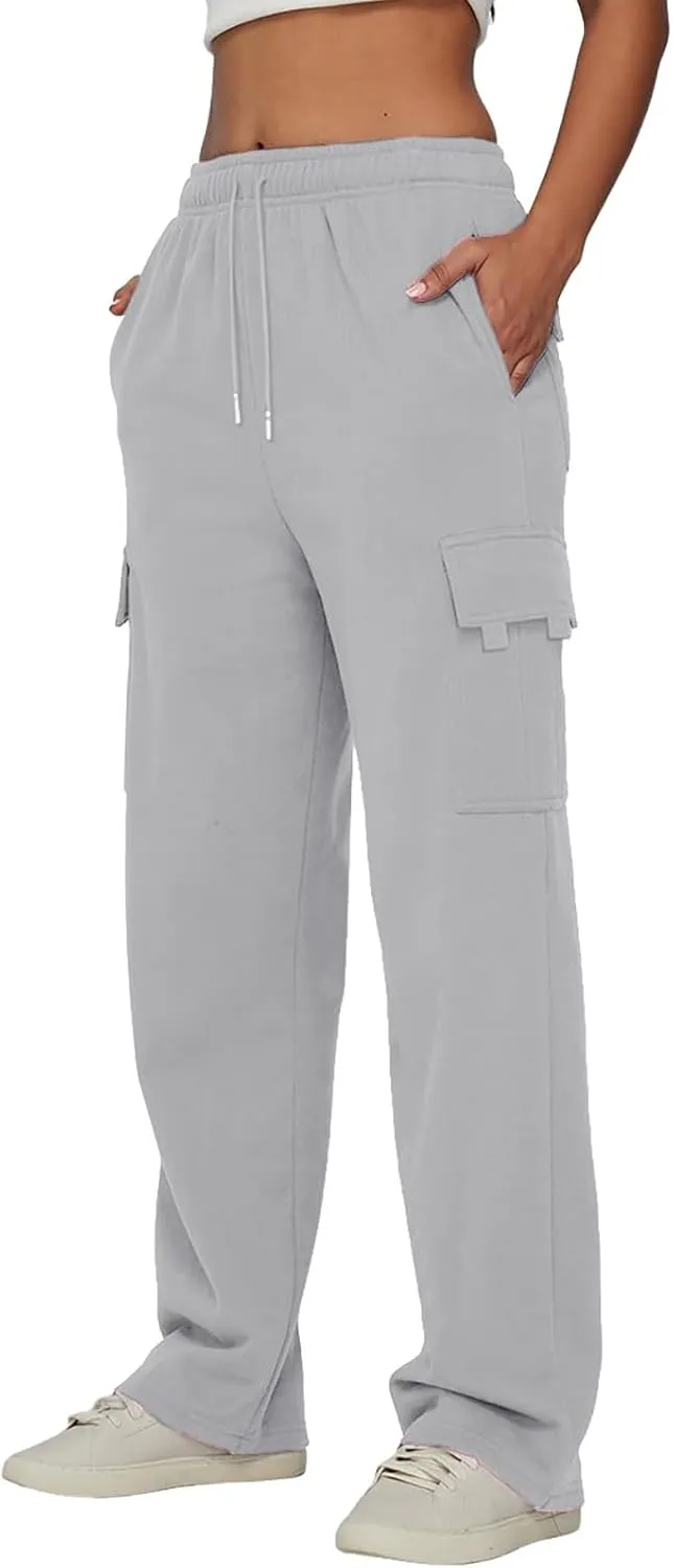 Womens Fleece Lined Sweatpants Ladies Solid Color Drawstring Elastic Waist Casual Loose Foot Fleece Sweatpants High
