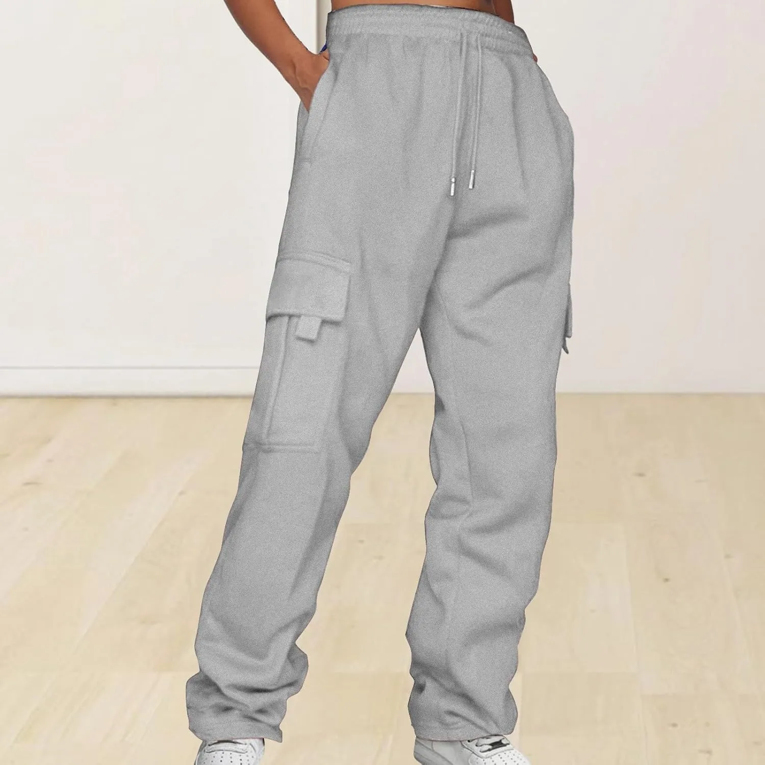 Womens Fleece Lined Sweatpants Ladies Solid Color Drawstring Elastic Waist Casual Loose Foot Fleece Sweatpants High
