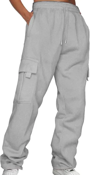 Womens Fleece Lined Sweatpants Ladies Solid Color Drawstring Elastic Waist Casual Loose Foot Fleece Sweatpants High