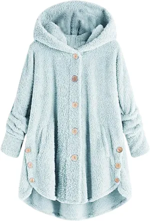 Womens Fuzzy Fleece Hoodie Jackets 2023 Fashion Button Down Sherpa Loungewear Oversized Cozy Home Shearling Coat
