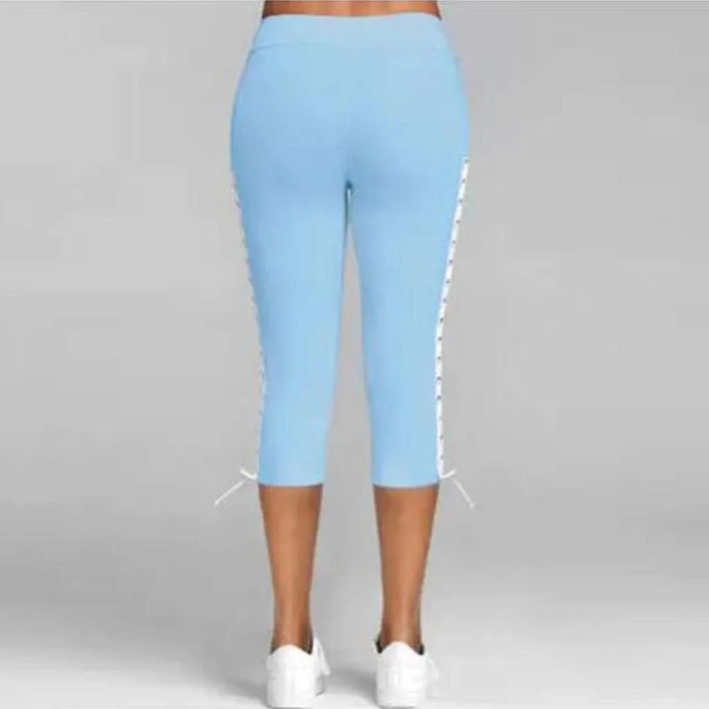 Women's High Waist Solid Lace Up Capri Pants Fashion Lightweight Breathable Straight Leg Cropped Trousers Cotton Soft Pant