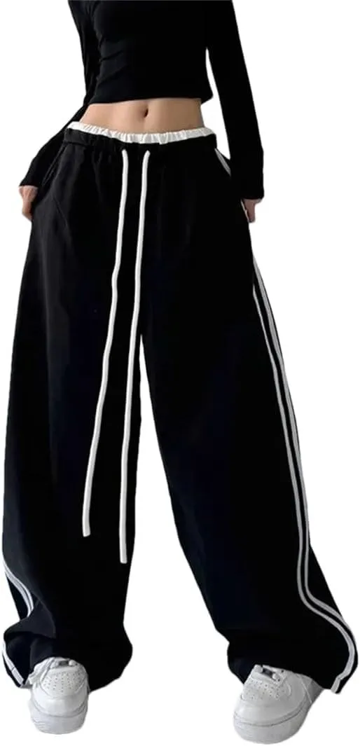 Women's High Waist Straight Leg Sports Pants Elastic Waist Wide Leg Casual Loose Fit Full Length Trousers for Dancing