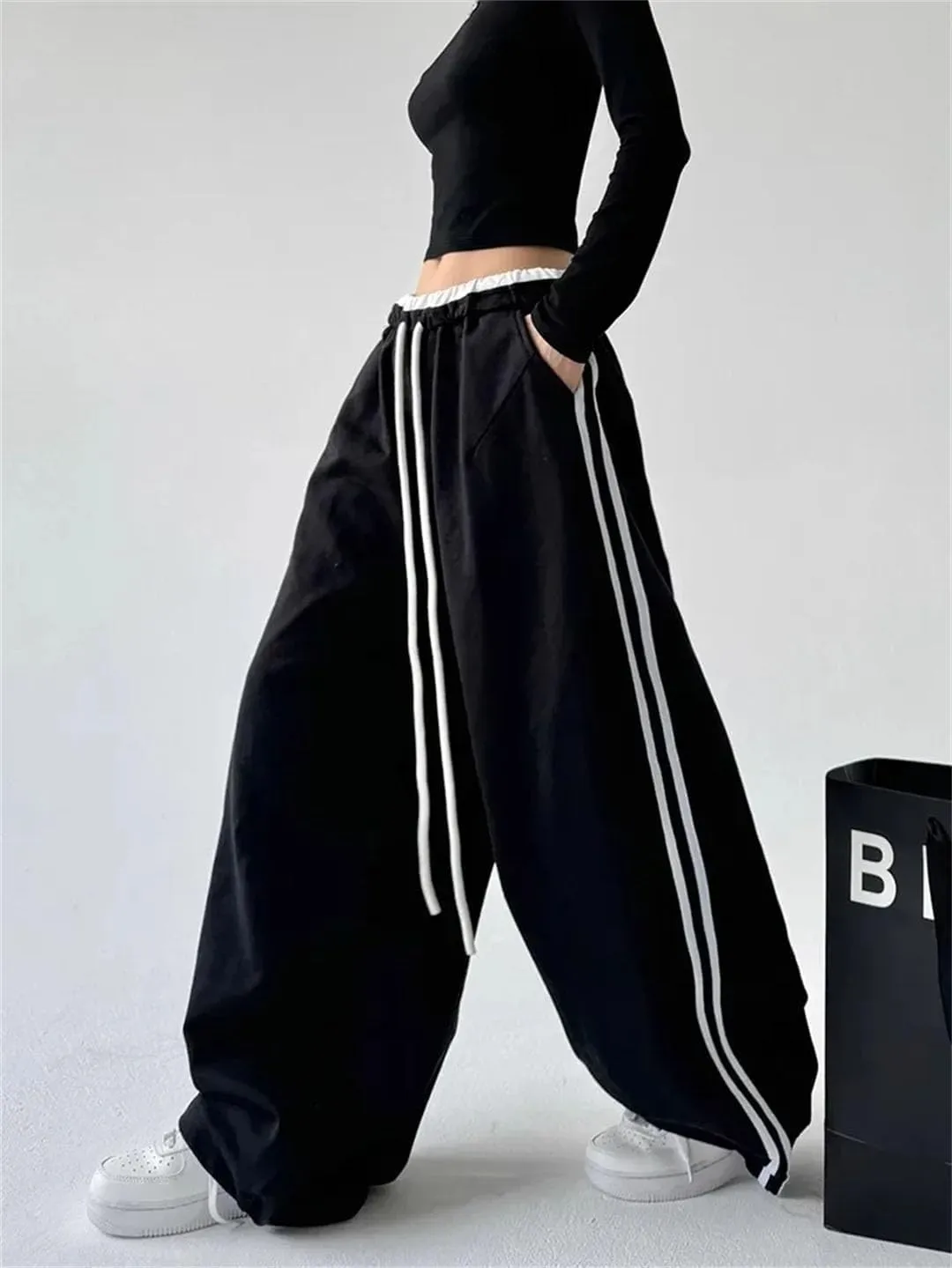 Women's High Waist Straight Leg Sports Pants Elastic Waist Wide Leg Casual Loose Fit Full Length Trousers for Dancing