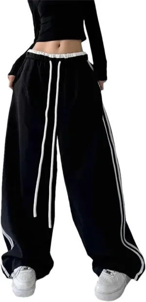 Women's High Waist Straight Leg Sports Pants Elastic Waist Wide Leg Casual Loose Fit Full Length Trousers for Dancing