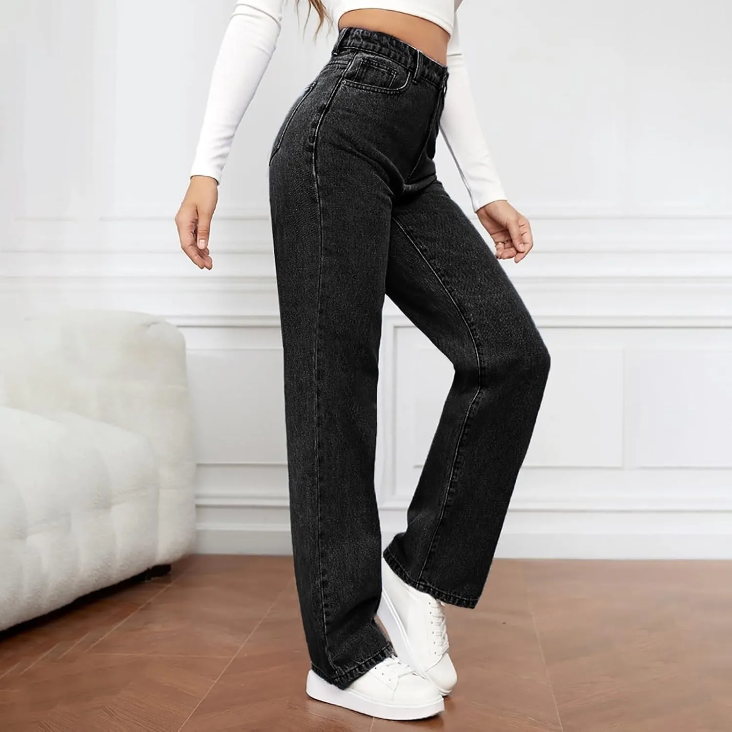 Women's High Waist Washed Ripped Jeans,Vintage Loose Fit Straight Leg Denim Trousers,Casual Stretch Comfort Pants