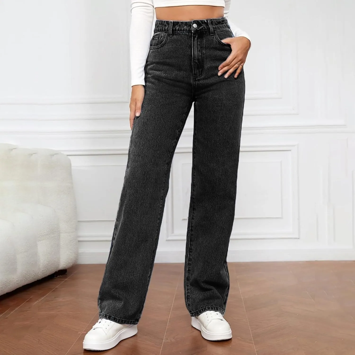 Women's High Waist Washed Ripped Jeans,Vintage Loose Fit Straight Leg Denim Trousers,Casual Stretch Comfort Pants